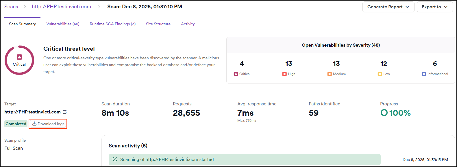 Scan summary showing a completed scan with the Download scans button.
