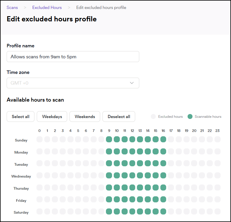 Excluded hours profile settings showing name, timezone and hours configuration