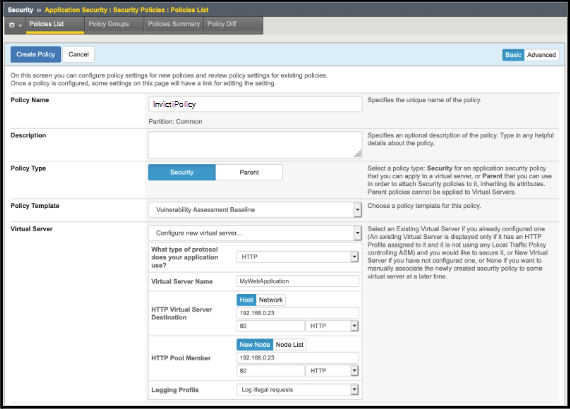 Create New Policy button in F5 BIG-IP ASM interface