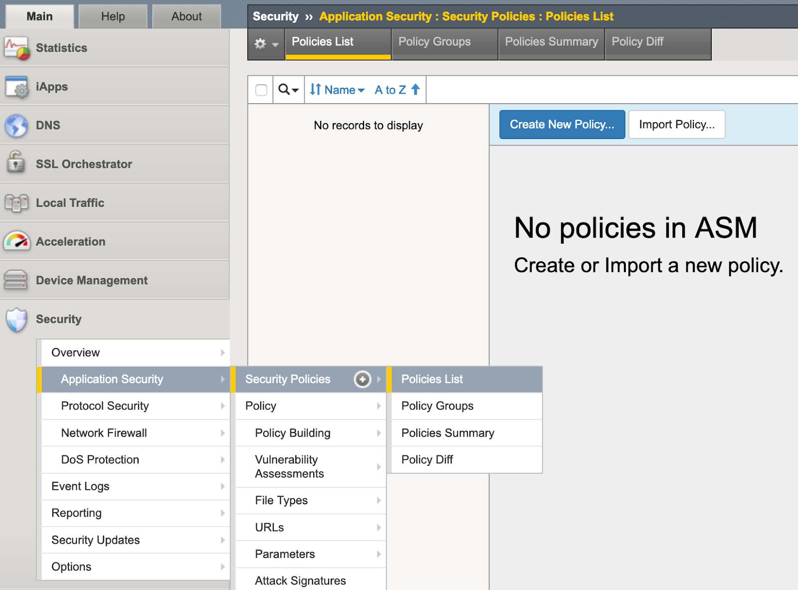 F5 BIG-IP ASM Security Policies menu showing Policies List option