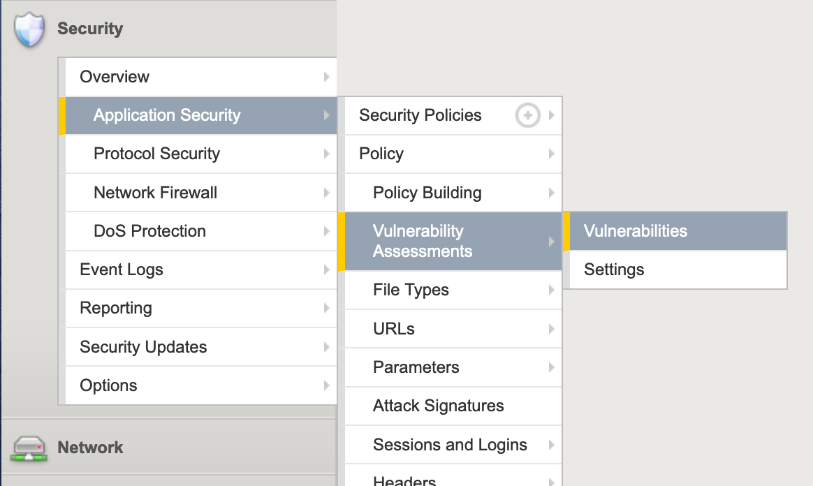 F5 BIG-IP ASM Vulnerability Assessments Vulnerabilities menu option