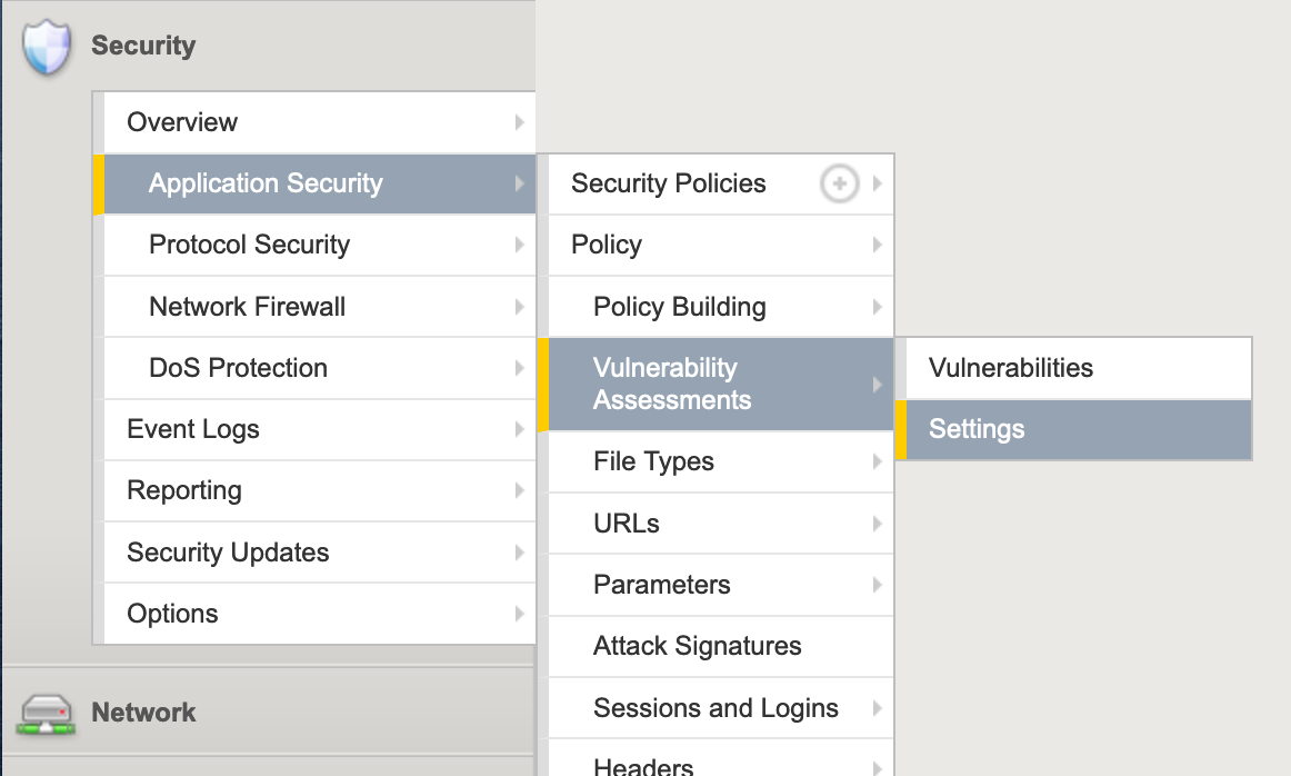 F5 BIG-IP ASM Vulnerability Assessments Settings menu navigation