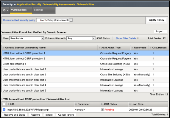 F5 BIG-IP ASM showing the vulnerabilities tab