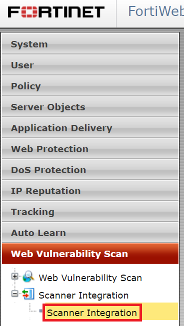 Fortinet FortiWeb Scanner Integration menu navigation path