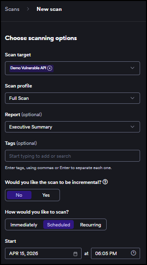 Scan settings form with Scheduled selected in How would you like to scan and a Start date and time configured.