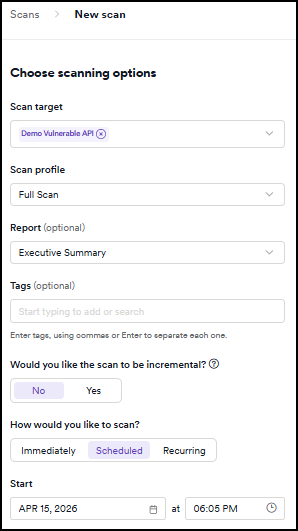 Scan settings form with Scheduled selected in How would you like to scan and a Start date and time configured.
