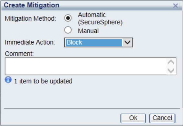 Imperva SecureSphere Create Mitigation dialog with Automatic method and Block action selected