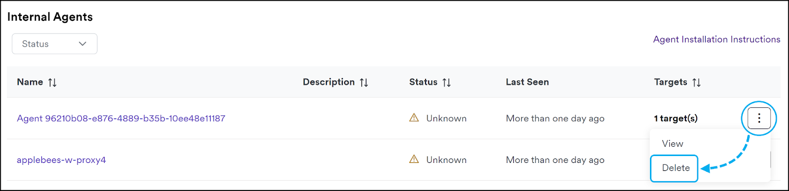 Internal agents page with the three dot menu expanded to show the Delete option