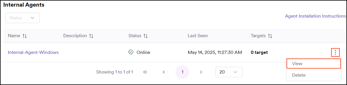 Internal agents page with the three dot menu expanded to show the View option