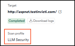 Scan summary showing a Scan profile as LLM Security