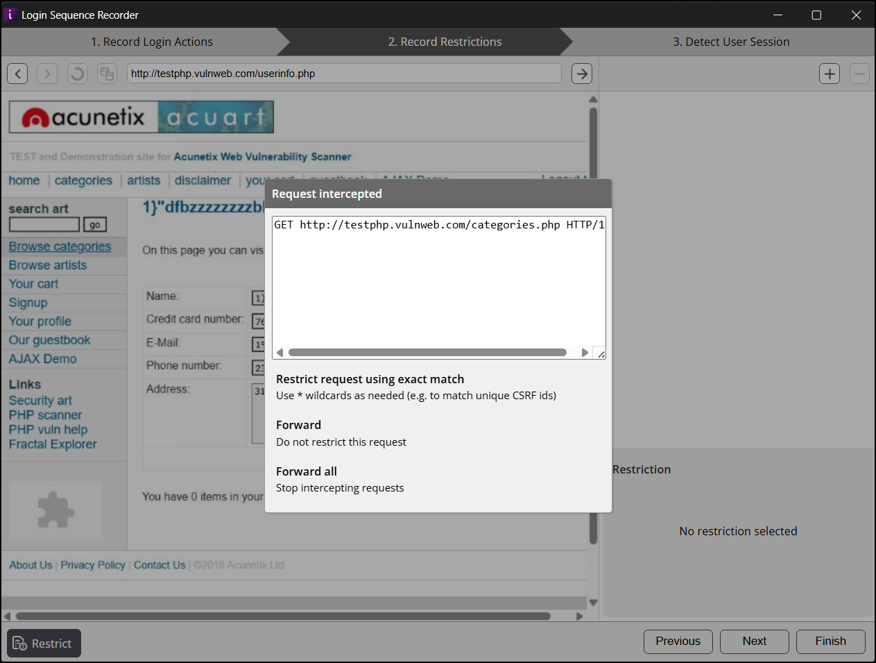 Restriction dialog options