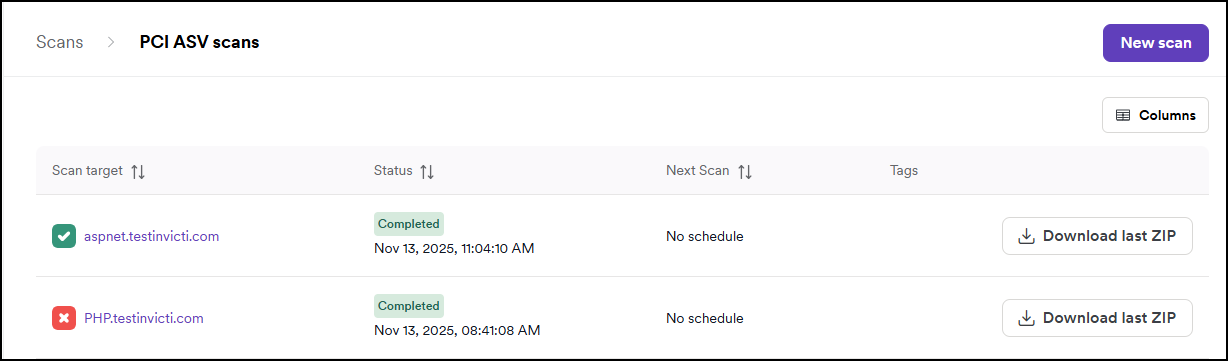 Scans appear on the PCI ASV scans page.