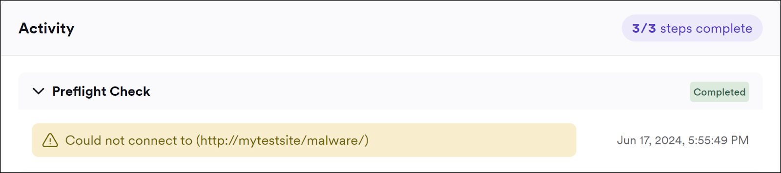Preflight check process flow diagram showing target connectivity checks