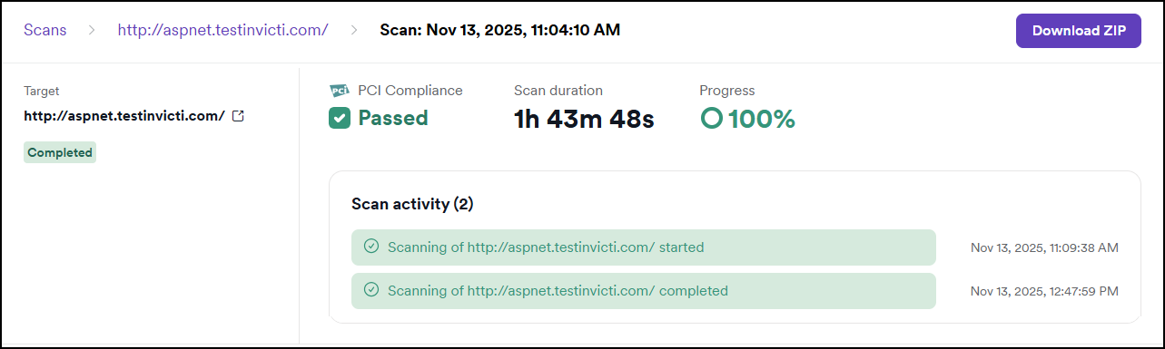 PCI ASV scan detail showing a passed status.