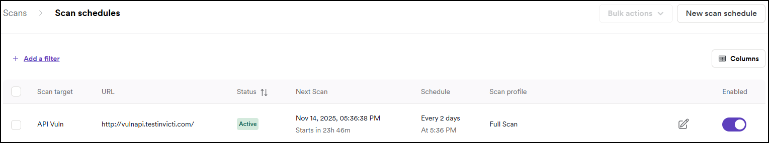Scan schedules page showing all scheduled recurring scans