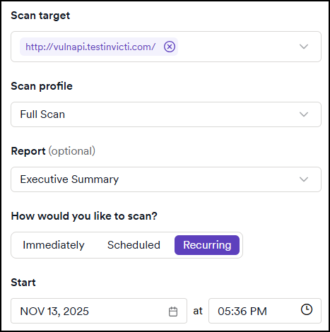 Recurring scan start time configuration with date and time fields