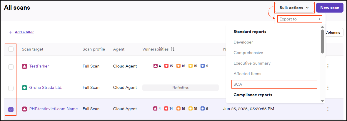 Bulk actions menu showing Export to SCA option