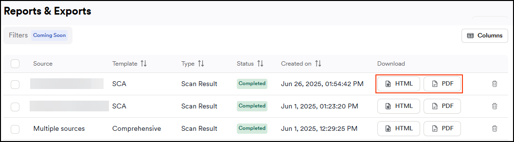 Reports page showing SCA report with PDF and HTML download options