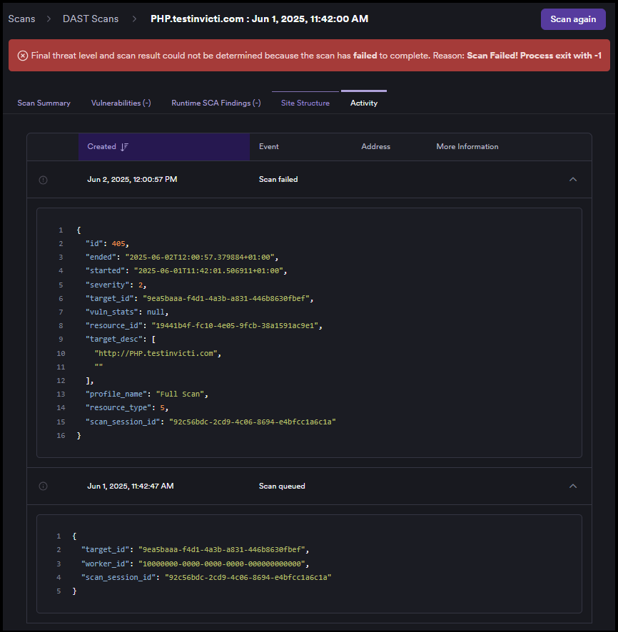 Scan activity log showing scan events and error messages in dark mode