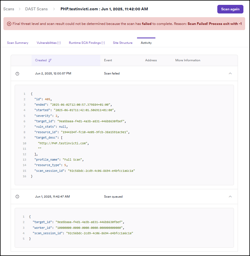Scan activity log showing scan events and error messages in light mode