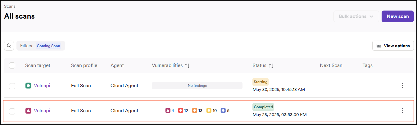 All scans page showing scan list