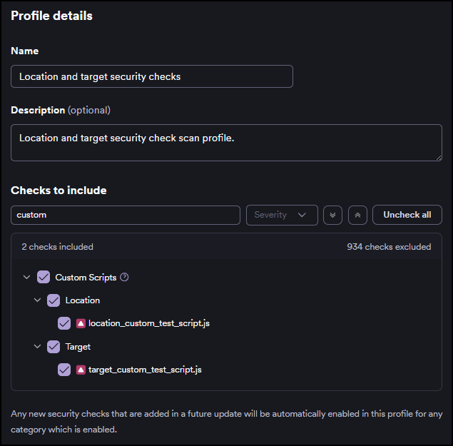 Scan launch screen showing the custom scan profile selected under scanning options