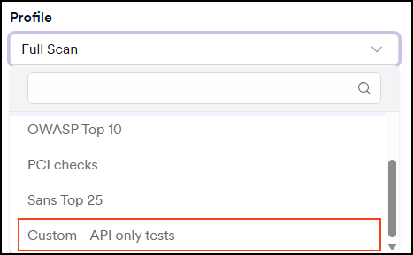 Profile drop-down window showing the custom profile as selected