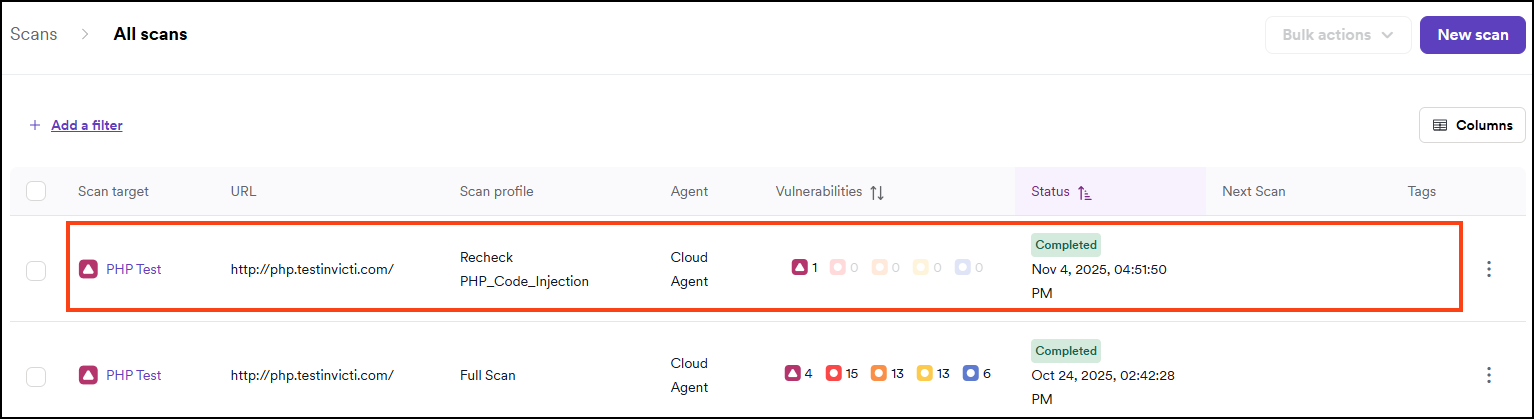 All scans page showing scan entries with clickable targets to access results.