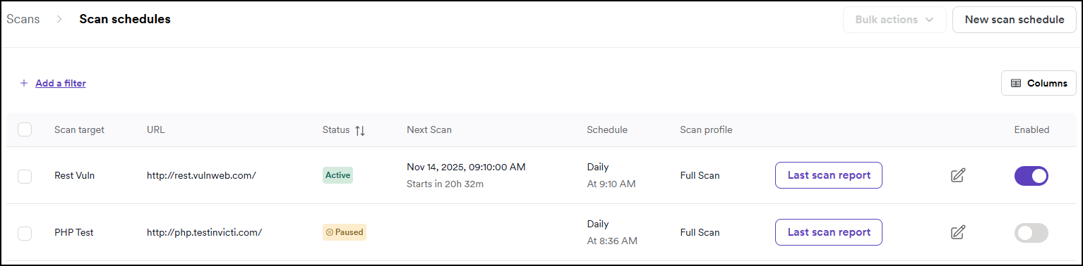 Scan schedules page showing all recurring scheduled scans with key information