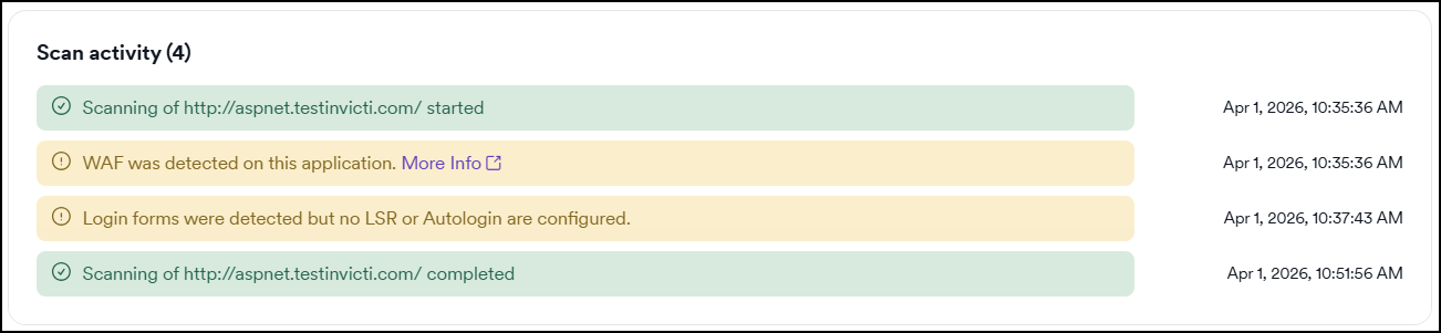 Scan activity panel on the Scan summary tab showing color-coded scan events with timestamps.