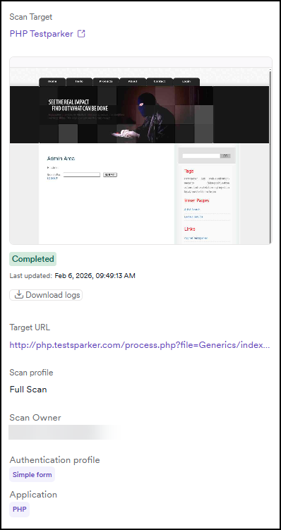 Overview of details related to the target and the scan settings.