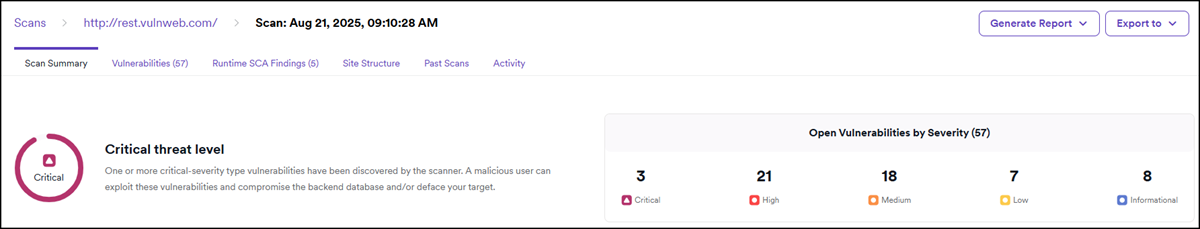 Scan summary tab showing threat level, vulnerabilities by severity, and scan parameters.