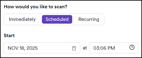 Scheduled scan option selection showing time and date configuration