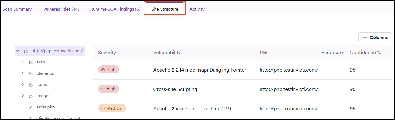 Site Structure tab showing application structure and coverage