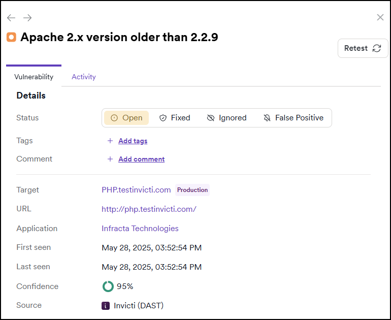 Site structure with vulnerability details drawer open