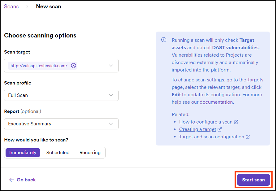 Start scan button to confirm configuration and launch the scan