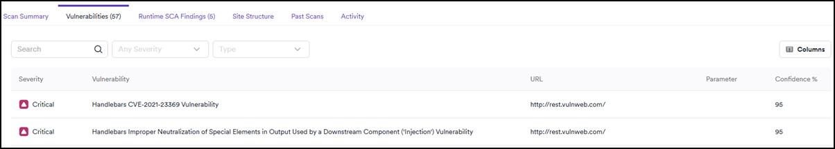 The vulnerabilities page showing the filter bar.