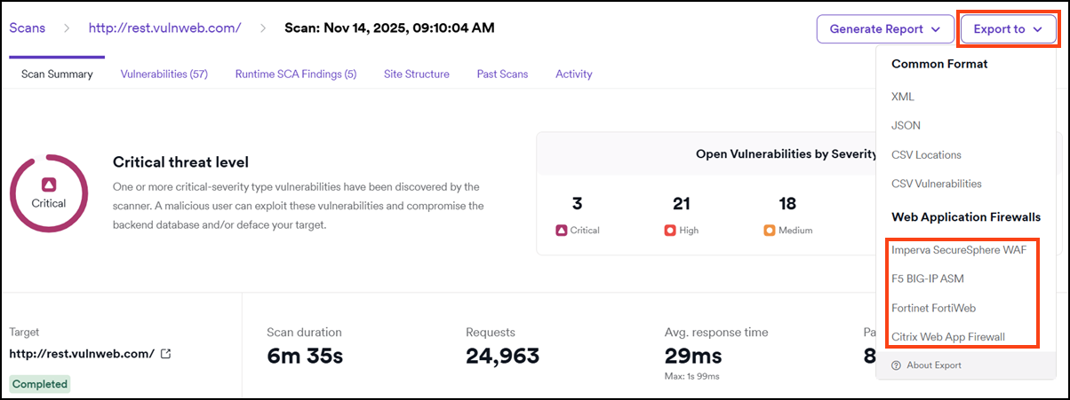 Export to WAF dropdown menu showing various WAF export options