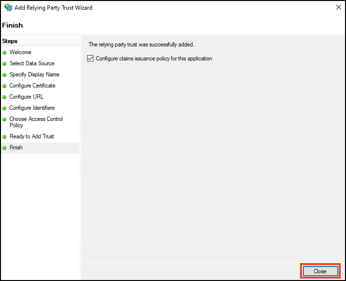 Complete Add Relying Party Trust Wizard