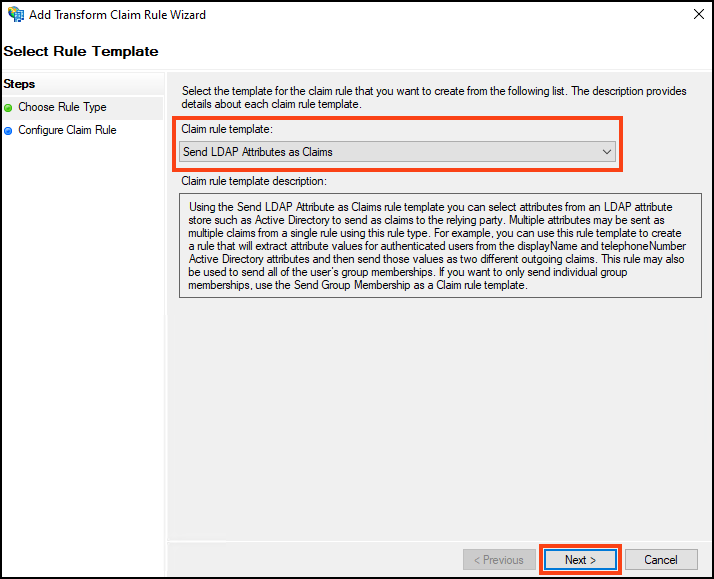 Add Transform Claim Rule wizard - Send LDAP Attributes