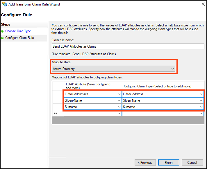 Configure LDAP attributes mapping to claim types