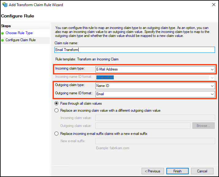 Transform incoming claim configuration for Email Transform