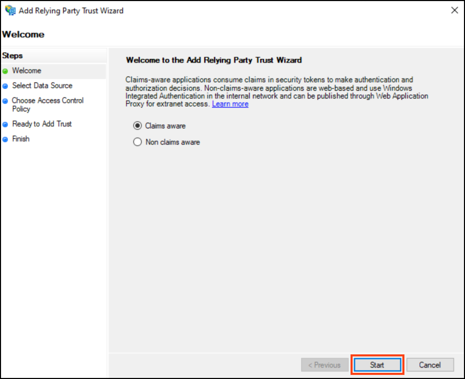 Start Add Relying Party Trust Wizard