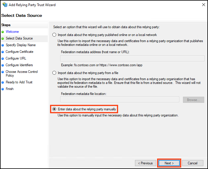 Select data source for relying party trust