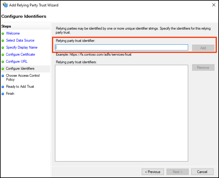 Configure relying party trust identifier
