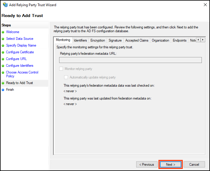 Review settings and finish relying party trust