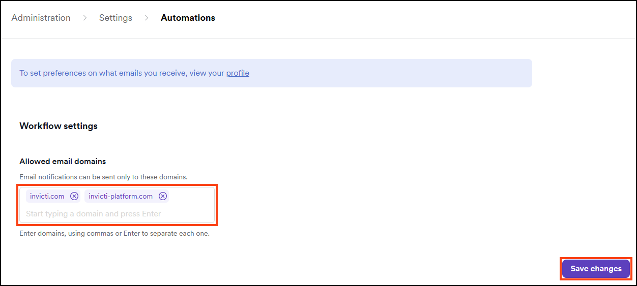 Enter domains in the email notifications can be sent only to these domains field