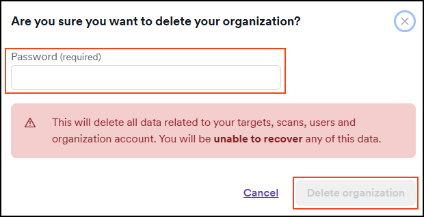 Delete Organization button in the Subscriptions tab under Organization data section