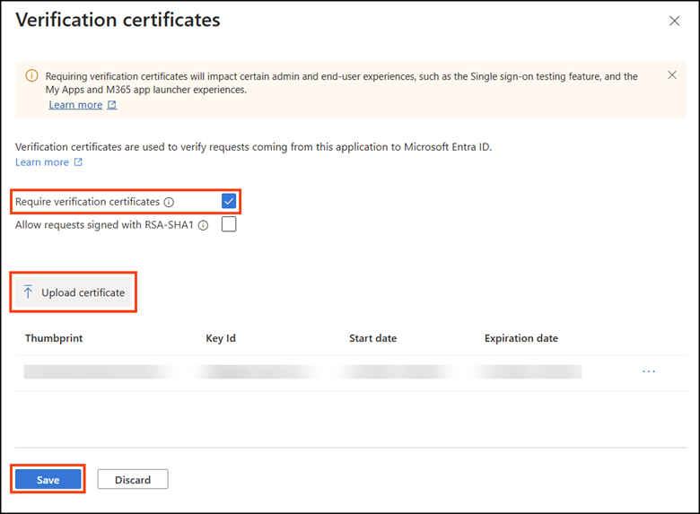 Upload the certificate in Entra ID