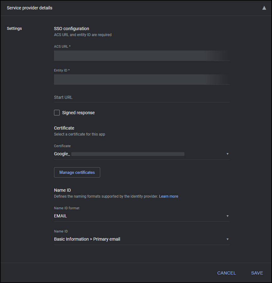 Configure Google Service provider details with ACS URL and Entity ID